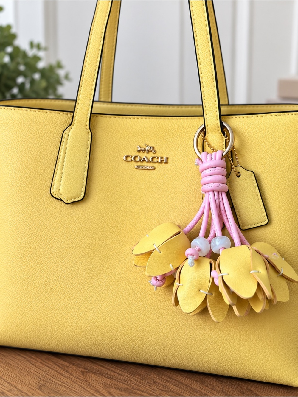 Yellow & Pink Floral Bag Charm Keychain – Leather-Look Flower Tassel